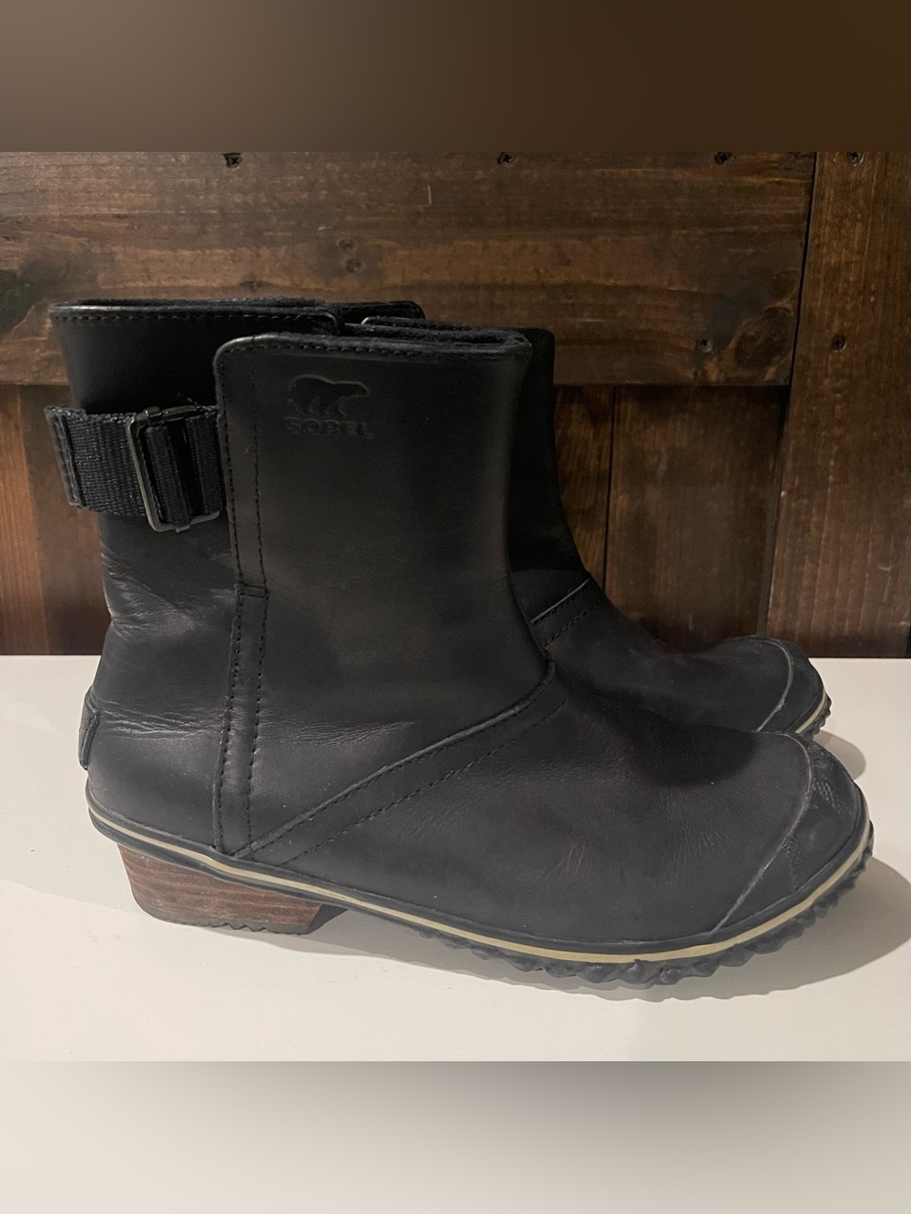 Sorel Womens 8.5 Black Slimboot Leather Pull On Rain Boots Waterproof Granola - Picture 4 of 11